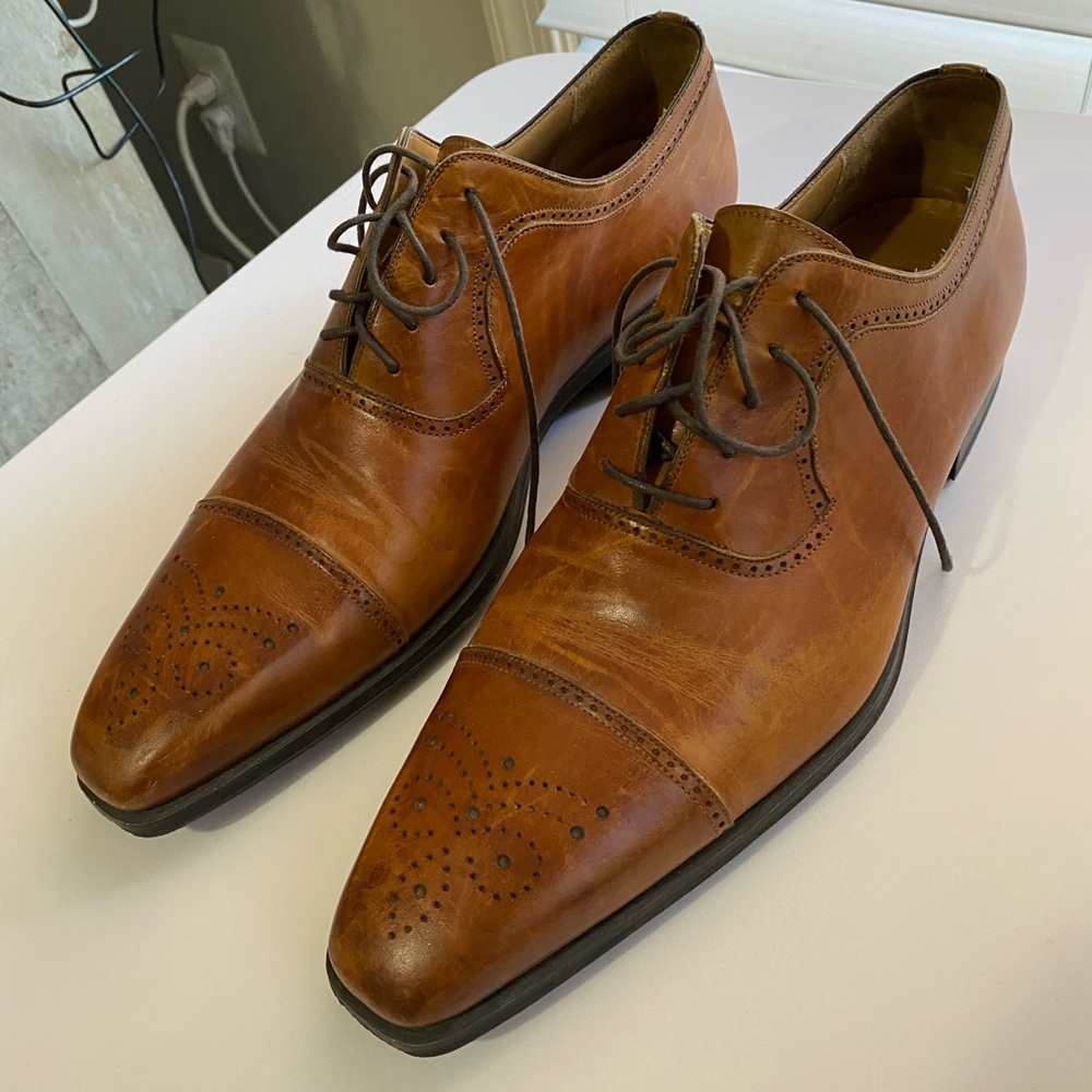 Magnanni 15080 Shoes Cognac Leather Cap Toe Lace Up Oxford Shoes Size US 12 M
